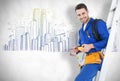Composite image of happy construction worker leaning on ladder Royalty Free Stock Photo