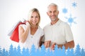 Composite image of happy couple holding shopping bags