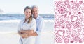 Composite image of happy couple hugging on the beach woman looking at camera Royalty Free Stock Photo