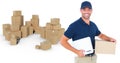 Composite image of happy delivery man with cardboard box and clipboard Royalty Free Stock Photo