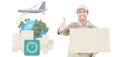 Composite image of happy delivery man gesturing thumbs up while carrying cardboard box Royalty Free Stock Photo