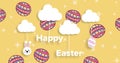 Composite image of happy easter text banner against decorative easter eggs on orange background Royalty Free Stock Photo