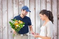 Composite image of happy flower delivery man with customer