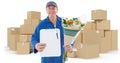 Composite image of happy flower delivery man showing clipboard Royalty Free Stock Photo