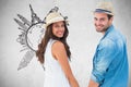 Composite image of happy hipster couple holding hands and smiling at camera Royalty Free Stock Photo