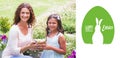 Composite image of happy mother and daughter collecting easter eggs Royalty Free Stock Photo