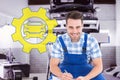 Composite image of happy repairman crouching while writing on clipboard Royalty Free Stock Photo