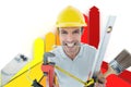 Composite image of happy worker with various equipment Royalty Free Stock Photo