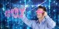 Composite image of happy young man gesturing while using virtual reality headset Royalty Free Stock Photo