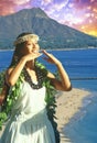 Composite image of Hawaiian native dancer and Diamond Head in Hawaii