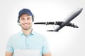 Composite image of hhappy male courier man wearing headset Royalty Free Stock Photo