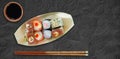 Composite image of high angle view of fresh japanese food Royalty Free Stock Photo