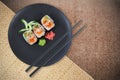 Composite image of high angle view of fresh japanese food Royalty Free Stock Photo