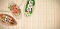 Composite image of high angle view of fresh salmon sushi Royalty Free Stock Photo