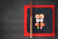 Composite image of high angle view of fresh sushi in plate Royalty Free Stock Photo