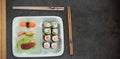 Composite image of high angle view of japanese food with chopstick Royalty Free Stock Photo