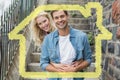 Composite image of hip young couple sitting on steps smiling at camera