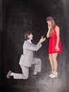 A Composite image of hipster on bended knee doing a marriage proposal to his girlfriend