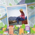 Composite image of hipster woman sitting on her suitcase Royalty Free Stock Photo