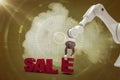 Composite image of image of robotic arm arranging sale text 3d Royalty Free Stock Photo