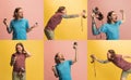 Composite image of images of young man, photographer with retro camera isolated on yellow and pink studio background. Royalty Free Stock Photo