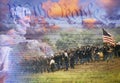 Composite image of Lincoln Memorial and Civil War soldiers in battle with U.S. Constitution