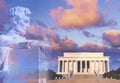 Composite image of Lincoln Memorial and statue of Abraham Lincoln