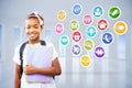 Composite image of little girl holding folders in school corridor Royalty Free Stock Photo