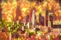 Composite image of Los Angeles engulfed in flames due to global warming