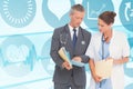 Composite image of male and female doctors discussing over reports Royalty Free Stock Photo