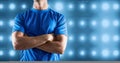 Composite image of man Fitness Torso against blue illuminated background