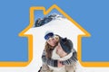 Composite image of man piggybacking cheerful woman against snowed hill