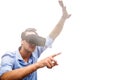 Composite image of man pointing while wearing virtual reality simulator Royalty Free Stock Photo