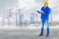 Composite image of manual worker looking up while writing on clipboard