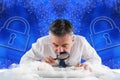 Composite image of mature businessman examining with magnifying glass Royalty Free Stock Photo