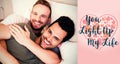 Composite image of men coupleon bed and valentines words Royalty Free Stock Photo