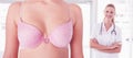 Composite image of mid section of woman wearing pink bra for breast cancer social issue