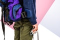 Composite image of midsection of backpacker hipster holding came Royalty Free Stock Photo