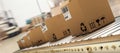 Composite image of packed courier on production line Royalty Free Stock Photo