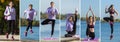 Composite image of photos of young sportive slim woman doing yoga, pilates. Sport, training, athlete, workout