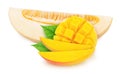 Composite image of piece of melon and curved mango, isolated on a white background. As package design element