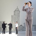 Composite image of portrait of a brunette businesswoman looking through binoculars Royalty Free Stock Photo