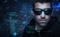 Composite image of portrait of burglar wearing sunglasses