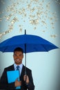 Composite image of portrait of businessman holding blue umbrella and file Royalty Free Stock Photo