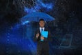 Composite image of portrait of businessman holding blue umbrella and file Royalty Free Stock Photo