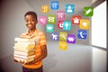 Composite image of portrait of cute boy carrying books in library Royalty Free Stock Photo