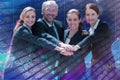 Composite image of portrait of happy business people huddling hands against white background Royalty Free Stock Photo