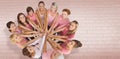 Composite image of portrait of happy female friends supporting breast cancer awareness Royalty Free Stock Photo