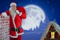 Composite image of portrait of santa claus carrying bag full of gifts by chimney Royalty Free Stock Photo