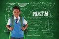 Composite image of portrait of schoolboy carrying schoolbag against white background